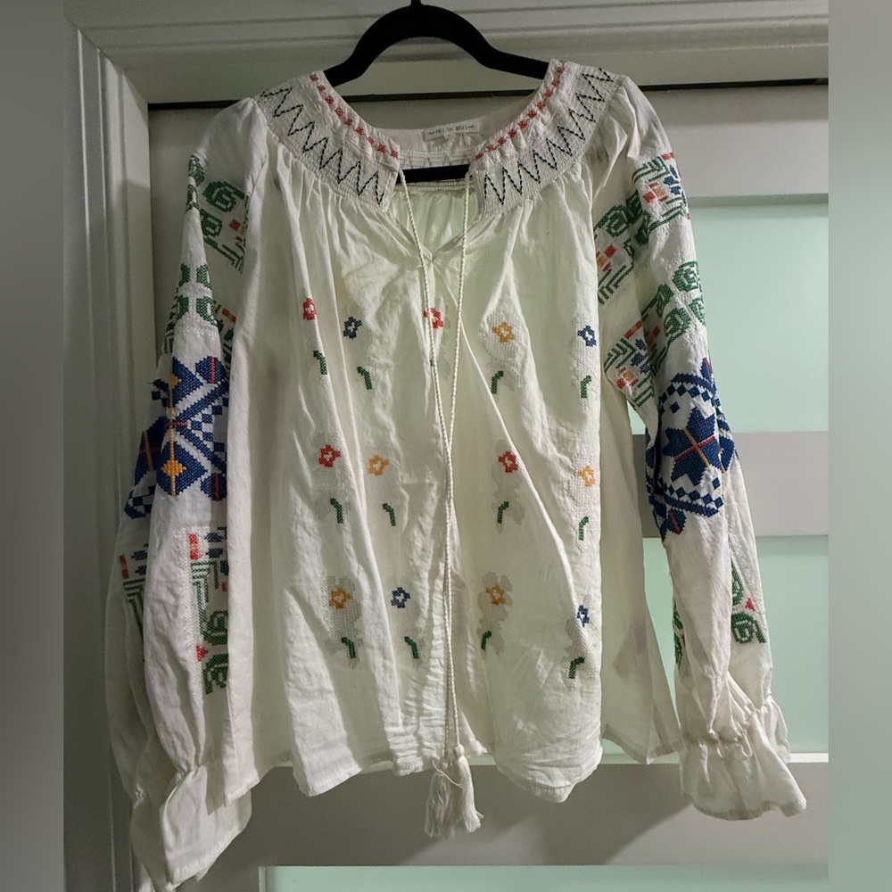 Free the Roses Cream Tie Front Blouse with Bib Collar
